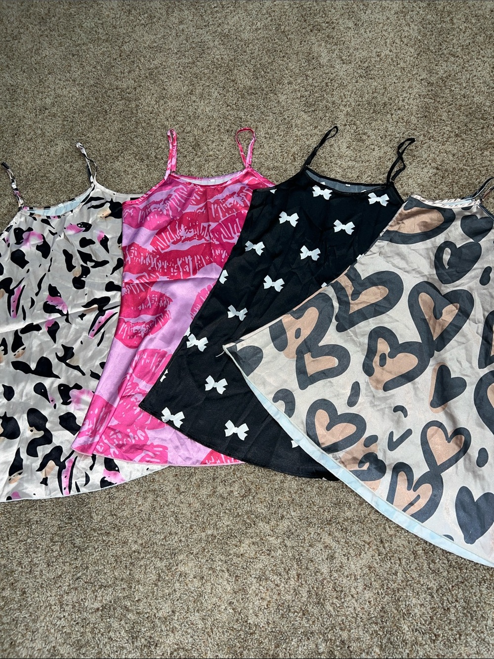 Assorted Satin Slip Dresses - Pink, Black, Cream, Beige Prints
